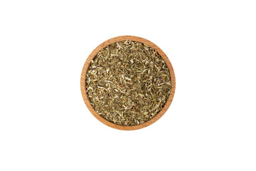 Dry Tansy Herb in latin Tanacetum vulgare in wooden bowl isolated on white background.Herbs. Alternative medicine.