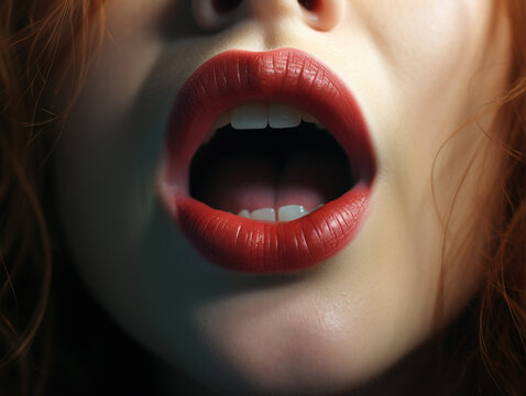 Close-up of red woman's lips gasping for air, Generative Ai illustration
