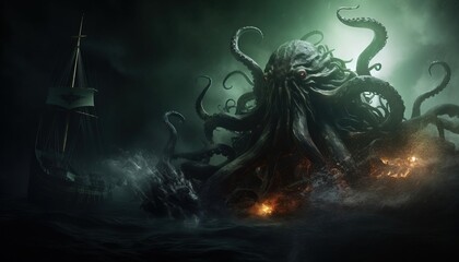 An ominous huge Kraken emerges from the changing ocean, the legendary Kraken creature from the deep ocean.Created with Generative Ai technology.