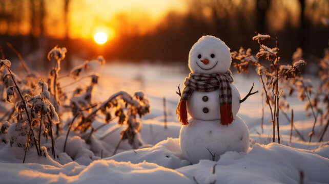 photo of snowman on orange sunset background generative ai