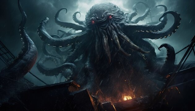 An ominous huge Kraken emerges from the changing ocean, the legendary Kraken creature from the deep ocean.Created with Generative Ai technology.