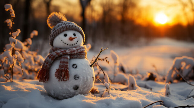 photo of snowman on orange sunset background