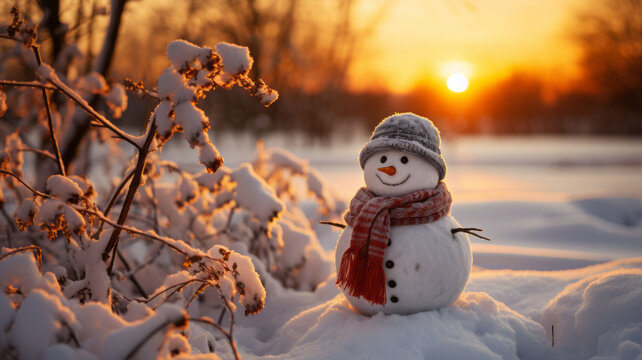 photo of snowman on orange sunset background generative ai