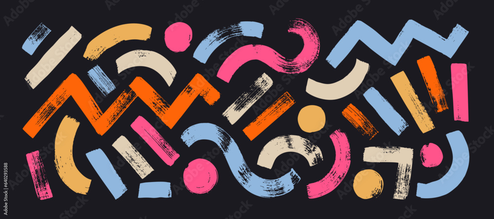 Poster colorful abstract geometric shapes and bold brush lines vector collection. hand drawn circles, strai