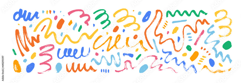 Poster pencil and brush colorful curly lines and squiggles. childish scribble brush strokes vector set. han