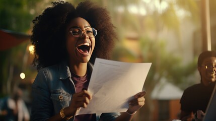 Fototapeta Happy excited African Black girl college student celebrating reading admission email looking at laptop computer, getting application approval - generative AI, fiction Person obraz