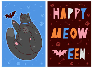Fototapeta premium Halloween Vector Decoration posters.Hand Drawn Illustration with Black Cat and Happy Meoween bat Isolated. Handwritten Happy Halloween