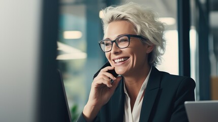 Happy smiling mature mid aged business woman, cheerful 40 years old professional lady executive manager or entrepreneur talking on phone making business call - generative AI, fiction Person
