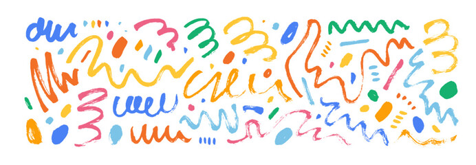 Pencil and brush colorful curly lines and squiggles. Childish scribble brush strokes vector set. Hand drawn marker scribbles, curved lines. Multi colored pencil sketches. Squiggles and daubs isolated.