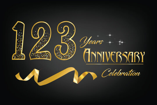 Celebrate the 123th anniversary with gold letters, gold ribbons and confetti on a dark background