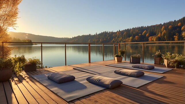 Outdoor Yoga Deck , A tranquil deck overlooking a serene lake, optimized for sunrise yoga sessions