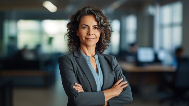 Confident Mid Aged Latin Professional Business Woman Corporate Leader, Happy Mature Female Executive, Elegant Lady Manager Of Middle Age Standing In Office - Generative AI, Fiction Person