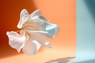 A delicate white flower, appearing as though it's floating like a fabric, set against a vivid backdrop. The interplay of light and shadows accentuates its ethereal beauty.