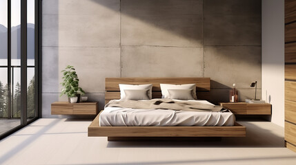 Contemporary Comfort: Captivating Interior Design of Modern Bedroom with Wooden Bed on a Stylish Concrete Floor. created with Generative AI