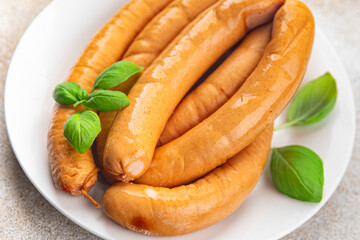 soy sausages vegetable protein seitan meatless wheat vegetarian or vegan snack ready to eat on the table healthy meal snack top view  copy space for text food background rustic