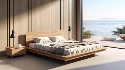Fototapeta na wymiar Contemporary Comfort: Captivating Interior Design of Modern Bedroom with Wooden Bed on a Stylish Concrete Floor. created with Generative AI