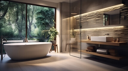 Fototapeta premium Captivating Modern Bathroom with Shower Area and Bathtub, Where Relaxation Meets Style. created with Generative AI