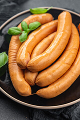 soy sausages vegetable protein seitan meatless wheat vegetarian or vegan snack ready to eat on the table healthy meal snack top view  copy space for text food background rustic