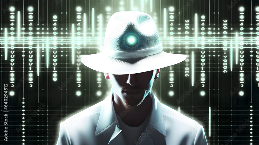 Wall mural Hacker with white hat. Concept of ethical hacking, dark web, cybercrime, cyberattack - Wall murals