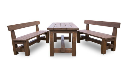 Two wooden benches and a table on a white background