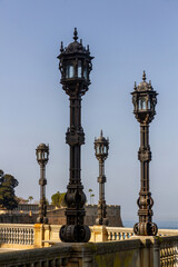 Fototapeta na wymiar Lampposts of the Balcony to the sea in Cádiz, Mirador de la Alameda, Andalusia, Spain