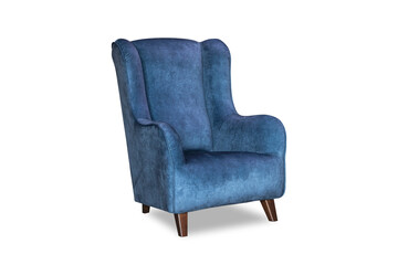 Blue upholstered chair on a white background