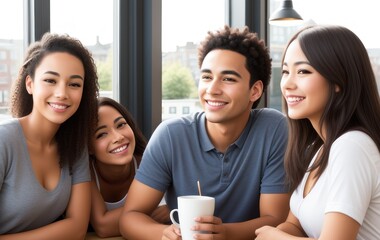 Diverse students young people sitting in row near window talking spending time with soulmates or friends in cozy cafeteria during lunch, speed dating couple. Free time weekend activities concept