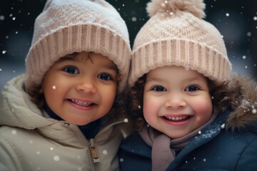 Two cute kids with happy faces wearing a warm hats and warm jackets surrounded with snowflakes. Winter holidays concept.