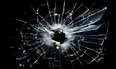 Broken glass with hole due to gunshot. Concept of fragility and violence.