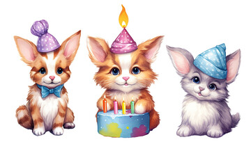 Cute Dog, Cat, or Rabbit Birthday Celebration white background isolated PNG