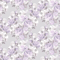 Fototapeta premium Seamless pattern. Vintage floral background with Roses and Lilies. Spring pastel illustration. 