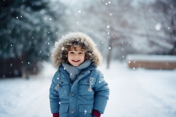 Fototapeta na wymiar Cute child with happy face wearing a warm hat and warm jacket surrounded with snowflakes. Winter holidays concept.