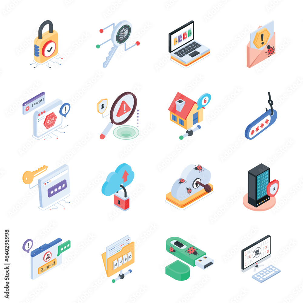 Wall mural bundle of security and hacking isometric icons