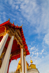 Thai temple form earth view with blue sky and cloud