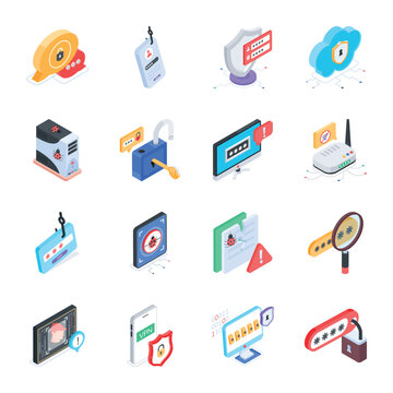 Pack of Security and Cyber Attacks Isometric Icons 


