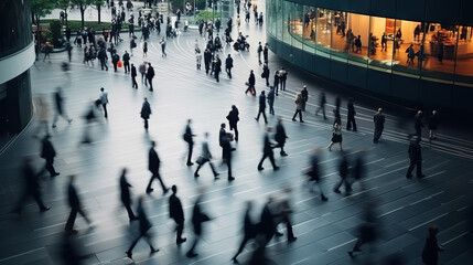 Obraz premium Top-View Long Exposure of Modern Office Lobby with Fast-Paced Movements of Business Professionals. created with Generative AI