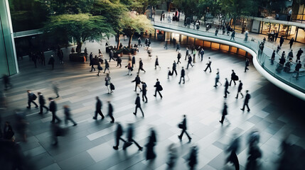 Obraz premium Top-View Long Exposure of Modern Office Lobby with Fast-Paced Movements of Business Professionals. created with Generative AI