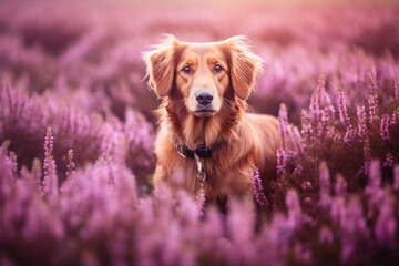 Dog standing in purple heather flower field.