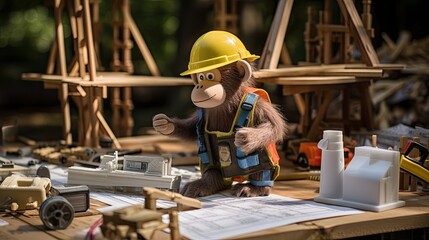 A humorous scene on a miniature construction site: the chimp, donning a hard hat and reflective vest, attempts to maneuver toy construction equipment - obrazy, fototapety, plakaty