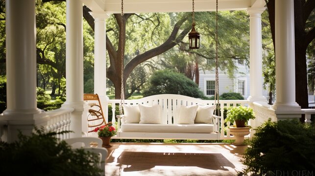 Porch Swing , A sprawling southern home with a large front porch, complete with rocking chairs and sweet iced tea