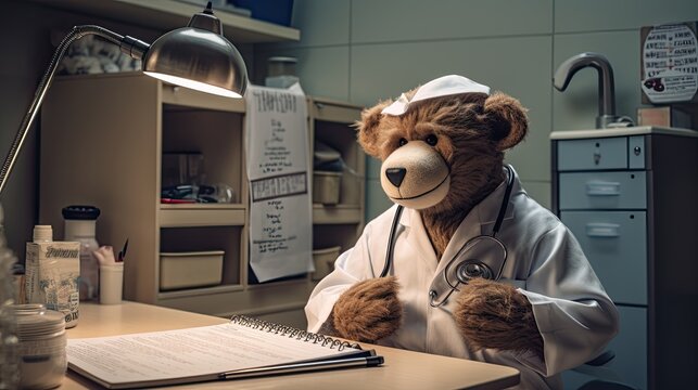A delightful scene in a mock medical room where the chimp, wearing a white lab coat and a stethoscope around its neck, attentively examines a toy teddy bear patient, mirroring the attentive gaze