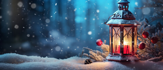 Christmas lantern on the snow with decorations, a lots of space for text