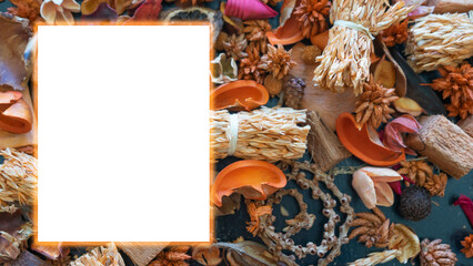 image of a background with colored dry leaves with blank space for writing, mockup