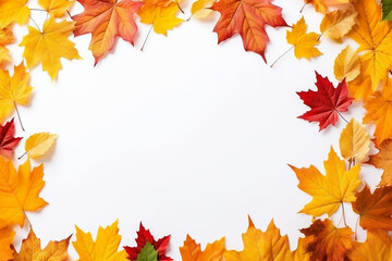 Frame of Autumn Leaves with Copy Space on White Background. Multi-colored bright maple leaves