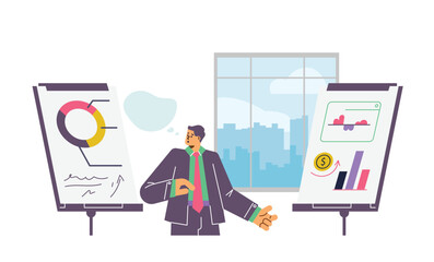 Man presenting and explaining on white boards charts, diagrams, vector presenter strategy briefing, finance statistics