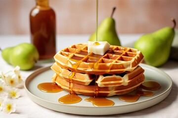 Fresh Spring Belgian waffles with pears are drizzled with caramel syrup