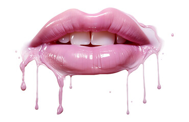 Pink sensual lips with moisturizing care balm cut out on transparent background - obrazy, fototapety, plakaty