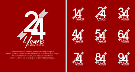 set of anniversary logo white color number and white ribbon on red background for celebration