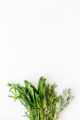 Fresh green garden herbs bunches for cooking, top view