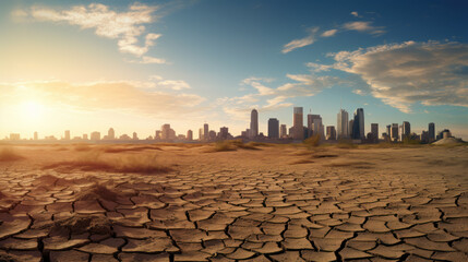 Apocalyptic Horizon: Parched Desert Meets Megacity Skyline
